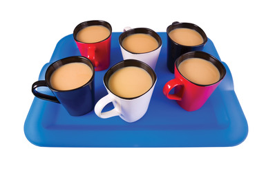 Cheap and cheerful mugs of tea on a tray, ideal for your office tea break, isolated on white.